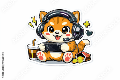Cute Kawaii Ginger Cat Gamer Sticker with Headset and Console