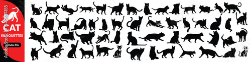 Black cat silhouettes vector illustration, diverse feline poses artwork, decorative animal icons, playful pet design elements, artistic nature inspired graphics, creative feline motif