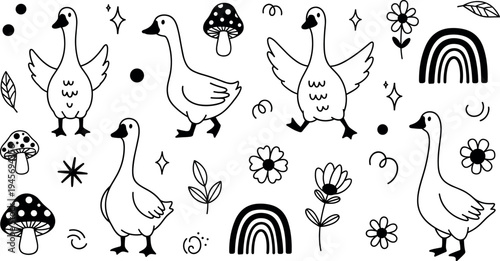 Hand drawn goose doodle set with mushrooms flowers rainbow leaves cute outline coloring page vector illustration