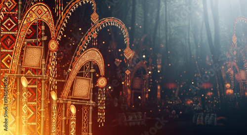 Gawai Dayak, deep jungle gradient with glowing ethnic Dayak patterns and bamboo decorations