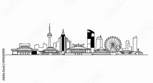 Stylized black and white sketch of a city skyline with varied structures