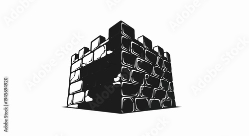 Stylized black and white illustration of a stone fortress tower