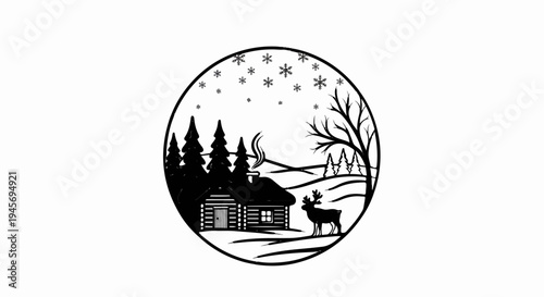 Circular silhouette of a winter cabin scene with trees, a deer, and snowflakes