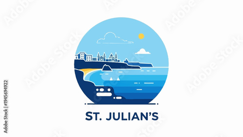 Coastal town skyline with buildings and beach, under sunny sky