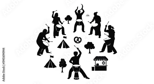 Silhouettes of musicians play various drums in a circular formation around abstract representations of outdoor festival elements like tents and trees.