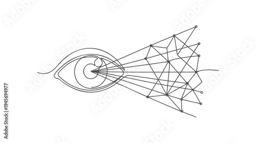 Abstract continuous line drawing of an eye with radiating geometric pattern, depicting digital vision, AI perception, and data processing