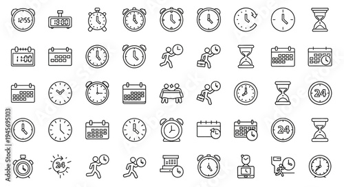A comprehensive collection of line art icons represents various concepts related to time.