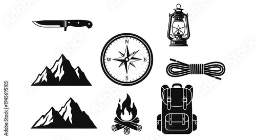 Black  White Icons: Camping Gear - Knife, Mountains, Compass, Lantern, Rope, Fire, Backpack