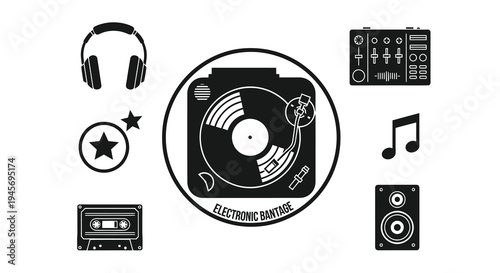Dj Turntable Headphones Cassette Mixer Speaker Music Icons Black White