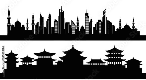 Black  White Silhouette Skyline of Modern City and Traditional Asian Architecture