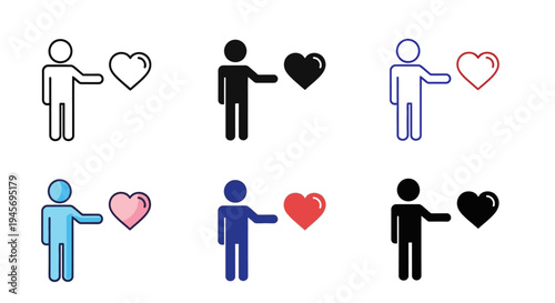 Stick figure avatars offer or exchange various colored hearts representing affection.