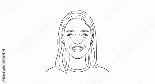 Line drawing portrait of a young woman with freckles and a smile
