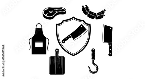 Butcher Icons: Steak, Sausages, Apron, Knives, Hook, Cutting Board