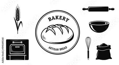 Black and White Bakery Icons: Bread, Oven, Wheat, Whisk, Bowl, Rolling Pin, Flour
