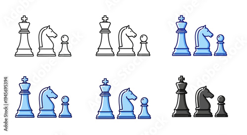 Chess pieces including king, knight, and pawn shown in monochrome and blue tinted outline.