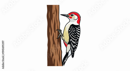 Red-headed woodpecker clinging to a tree trunk, white background