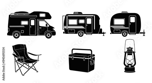 Black  White Vector Icons of Camping Equipment and Vehicles