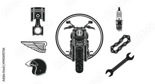 Motorcycle Parts and Gear Black and White Vector Icons