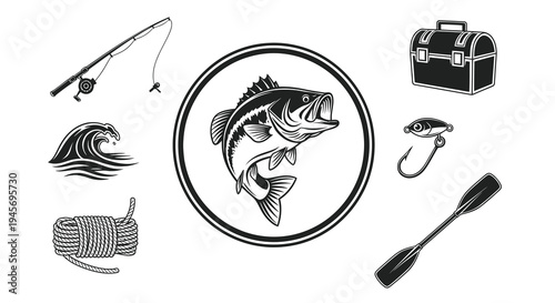 Black and White Fishing Icons Set, Vector Line Art