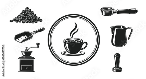 Coffee Equipment Silhouette Icons - Black and White Vector Art