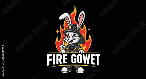Cartoon rabbit firefighter with flames and text