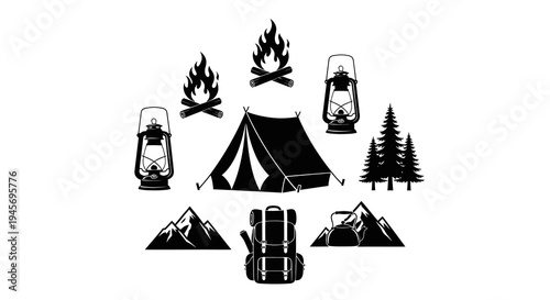 Black and White Camping Icons - Tent, Lantern, Fire, Trees, Mountains, Backpack, Kettle