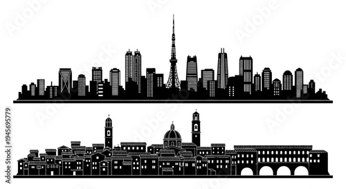 Modern City Skyline Silhouette and Historic Architecture Vector Art