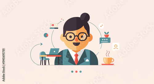 Cheerful businessperson in glasses surrounded by work-related icons and a coffee cup