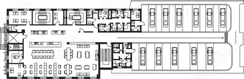 Black and white floor plan image of a building layout isolated on transparent background