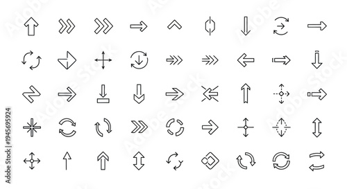 Grid displays numerous line art icons representing directional arrows, rotation,.