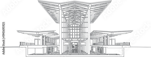 Architectural drawing of a modern building with large overhanging roof structures isolated on transparent background