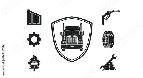 Black and White Vector Icons of Trucking and Automotive Industry Elements