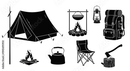 Camping Equipment Black and White Glyph Icons Set
