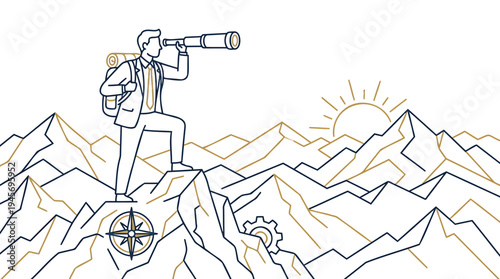 Strategic business foresight Professional observing future with telescope from mountain summit