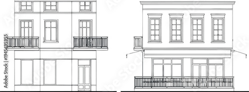 Architectural drawing of a multi story building facade isolated on transparent background