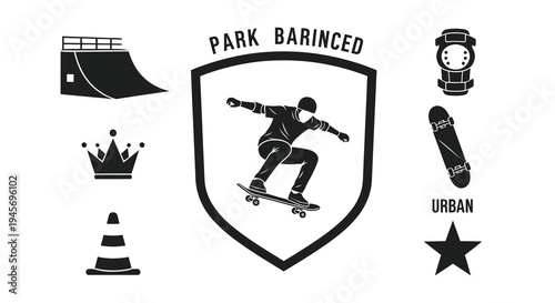 Skateboarding Urban Sports Glyph Icon Set - Black and White Silhouette Elements