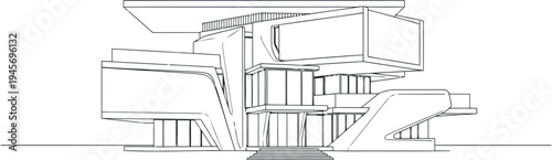Architectural drawing of a modern building's interior staircase and structure isolated on transparent background