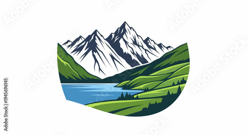 Majestic snow-capped mountains overlook a serene lake and verdant rolling hills