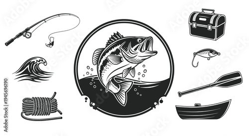 Vintage Fishing Gear Icons Set in Black  White Line Art Style with Bass Fish