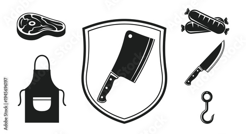 Butchery and Meat Shop Glyph Icons Set: Steak, Sausages, Cleaver, Knife, Apron, Meat Hook