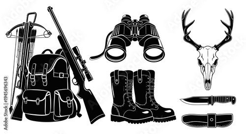 Outdoor Hunting Equipment  Gear Vector Icons Set - Black  White Silhouette Collection