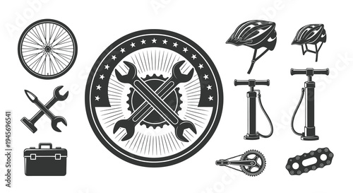 Bicycle Repair Tools and Gear Vector Icons Set - Black and White
