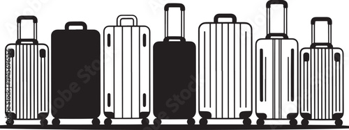 Collection of luggage and suitcases in various sizes and styles lined up against a white background with line art