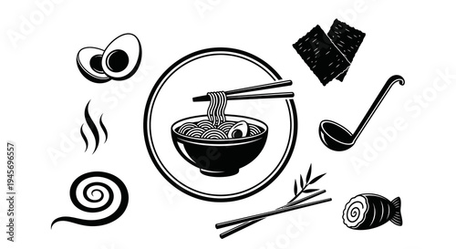 Black and White Line Art Ramen Food Icons: Noodles, Egg, and Chopsticks