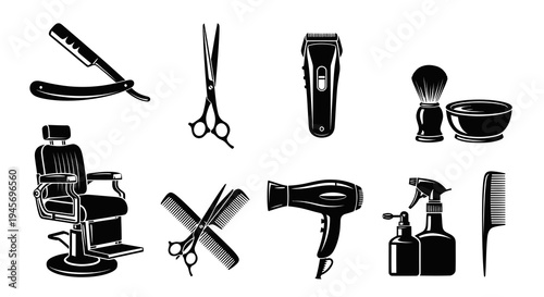 Black and White Icons of Barber Shop Tools and Equipment