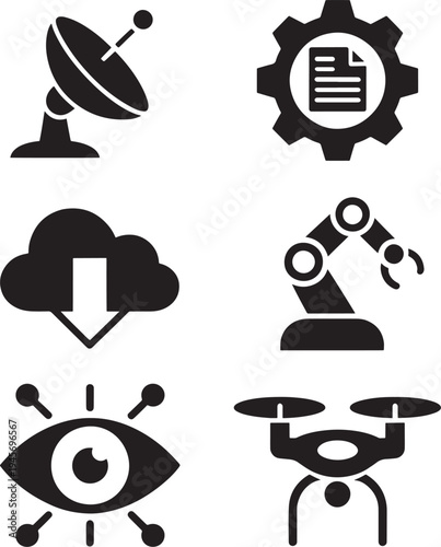 Icon set representing technology and industry: satellite dish, gear, cloud download, robot arm, eye, drone