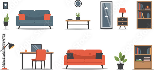 Flat illustration of modern home interior furniture and decor items