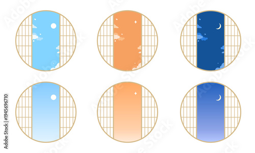 レトロな和の丸窓のアイコンセット/昼・夕方・夜/シンプルでフラットな空の風景イラスト