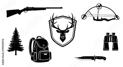 Hunting Gear Icons: Rifle, Bow, Binoculars, Knife, Backpack, Deer, Tree