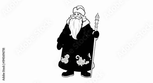 Festive figure with long beard, hat, staff, and decorated robe